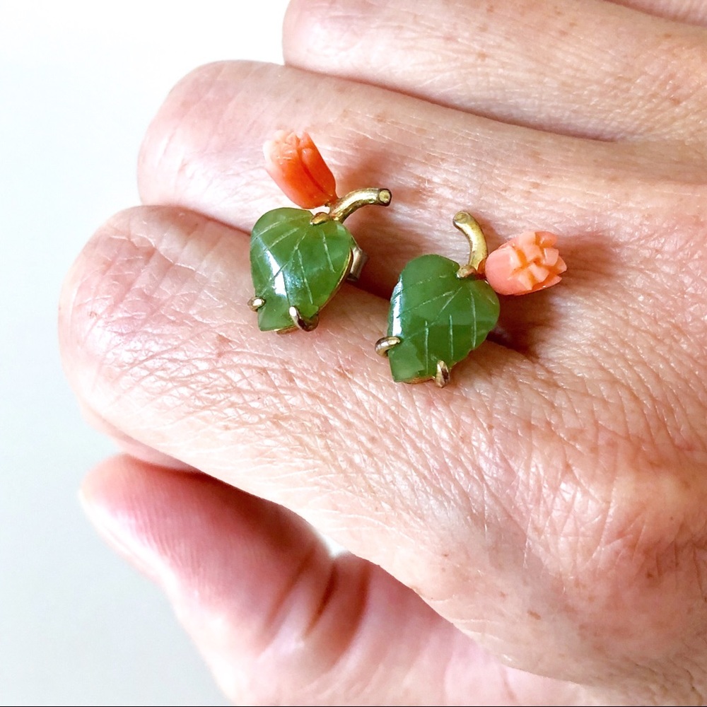 Carved Jade and Coral Stud Earrings